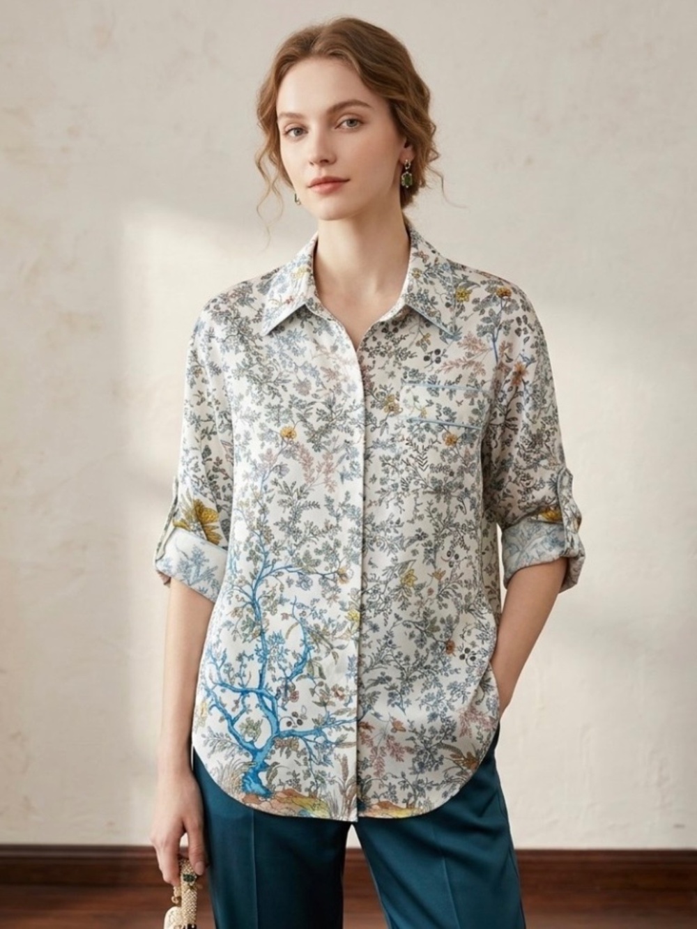 GOELIA 100% Mulberry Silk Tree Of Life Print Button Down Blouse Top M Artistic